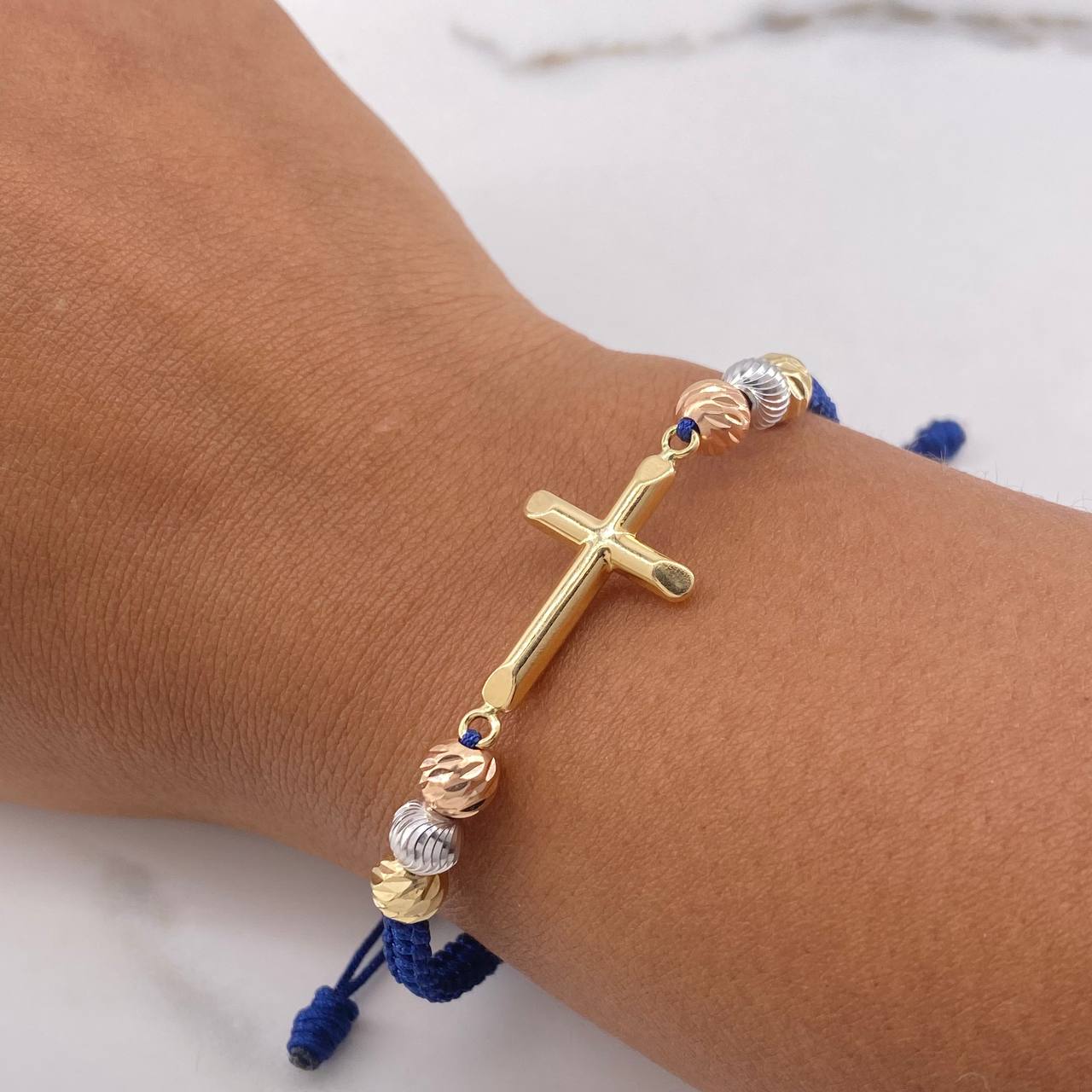 Blue Cross Bracelet 2.6gr / 6mm Beads Diamond Cut Three Golds $