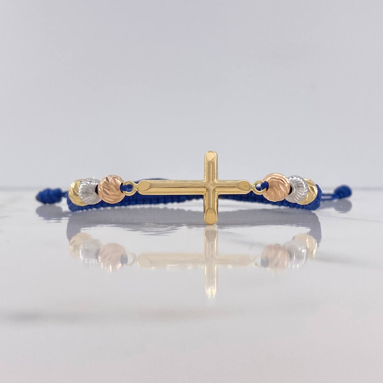 Blue Cross Bracelet 2.6gr / 6mm Beads Diamond Cut Three Golds $
