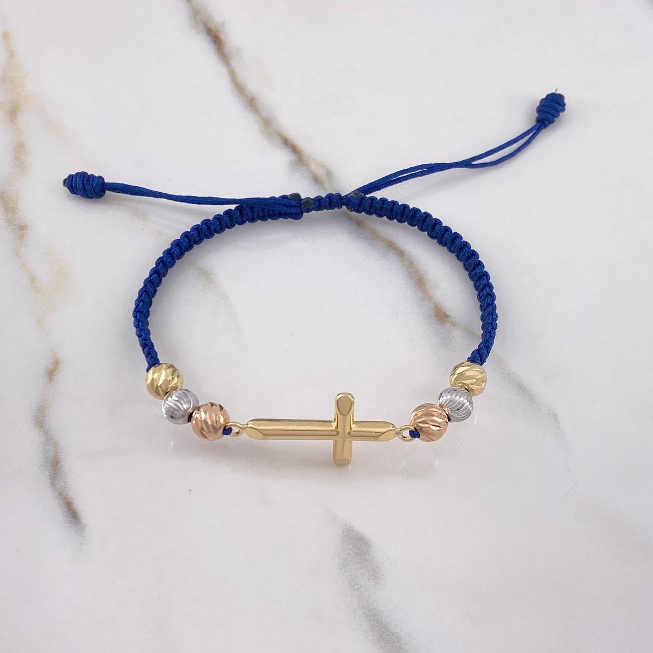 Blue Cross Bracelet 2.6gr / 6mm Beads Diamond Cut Three Golds $