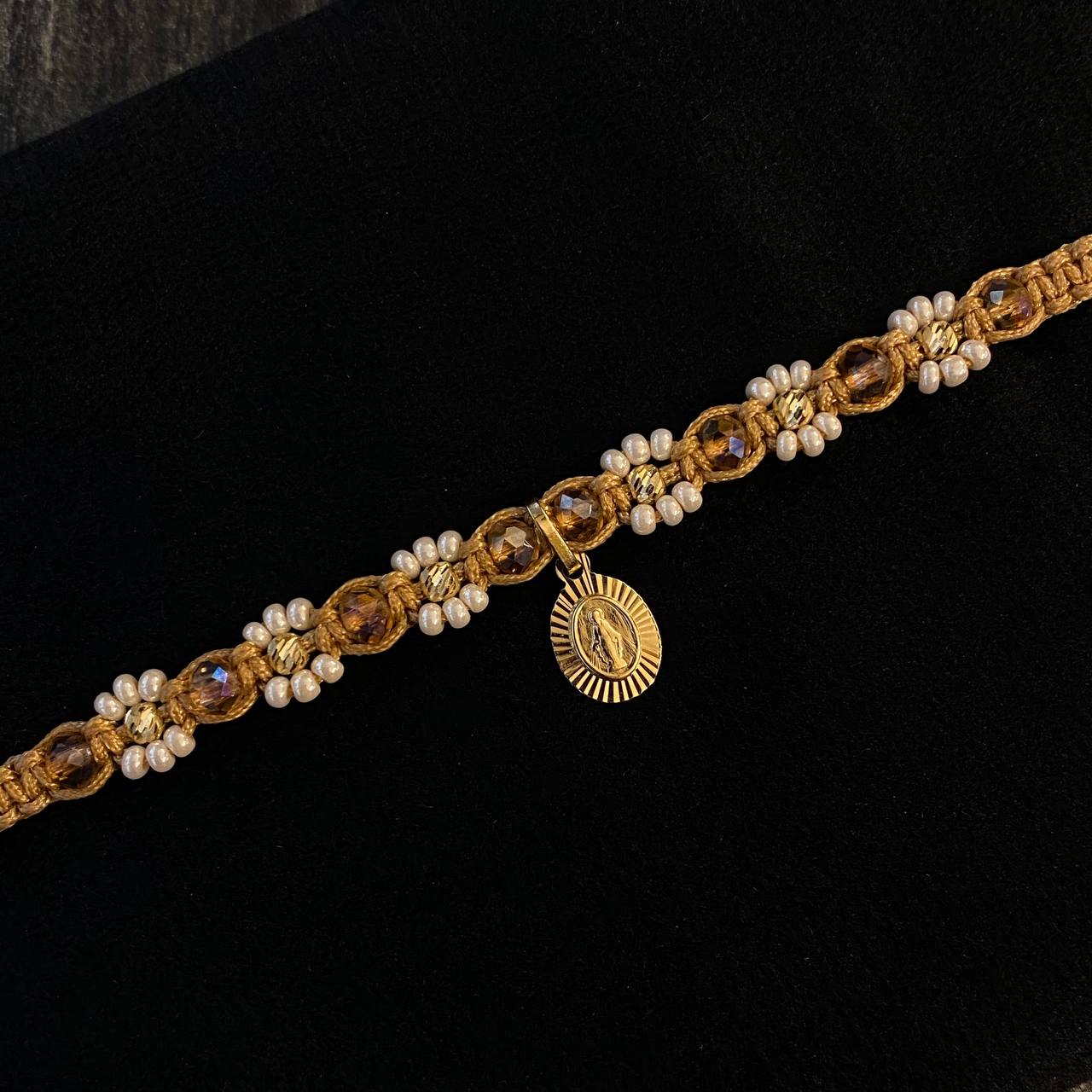 Khaki Floral Choker Virgin Miraculous Crystal Beads 3mm Diamond Cut Yellow Gold Bracelet*