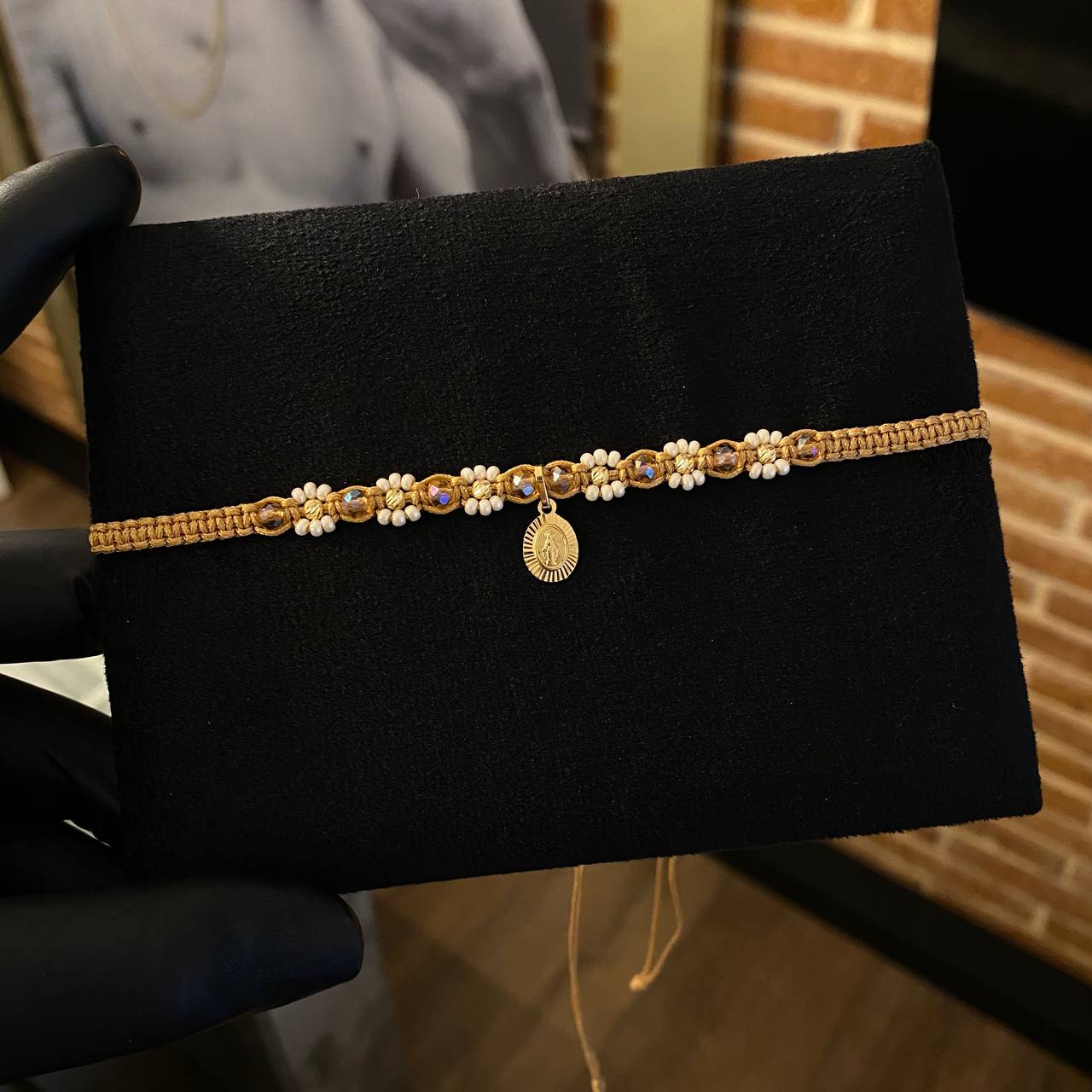 Khaki Floral Choker Virgin Miraculous Crystal Beads 3mm Diamond Cut Yellow Gold Bracelet*