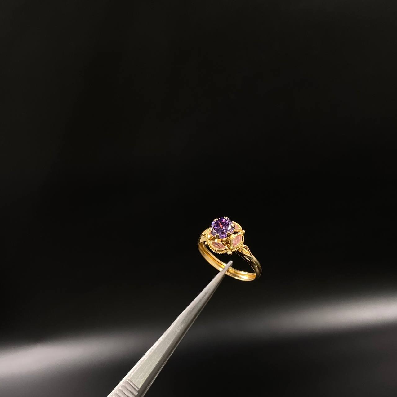 Lotus Flower Ring 2gr / T6 3/4 / Solitaire Purple Pink Zircons Yellow Gold&