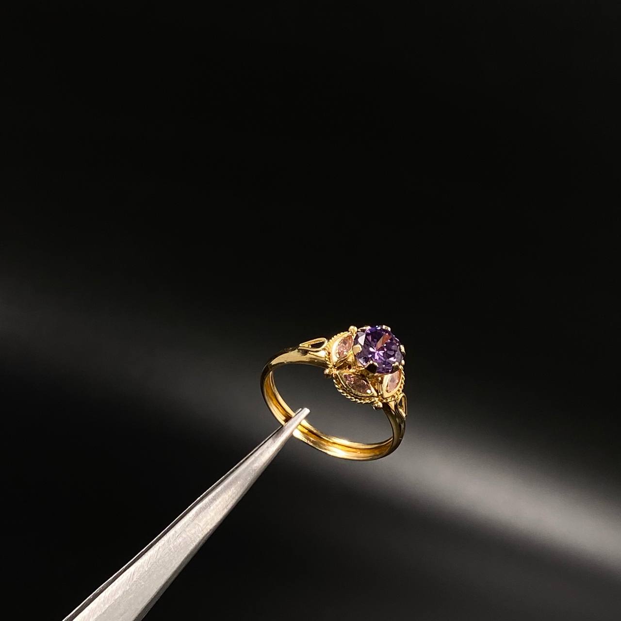 Lotus Flower Ring 2gr / T6 3/4 / Solitaire Purple Pink Zircons Yellow Gold&