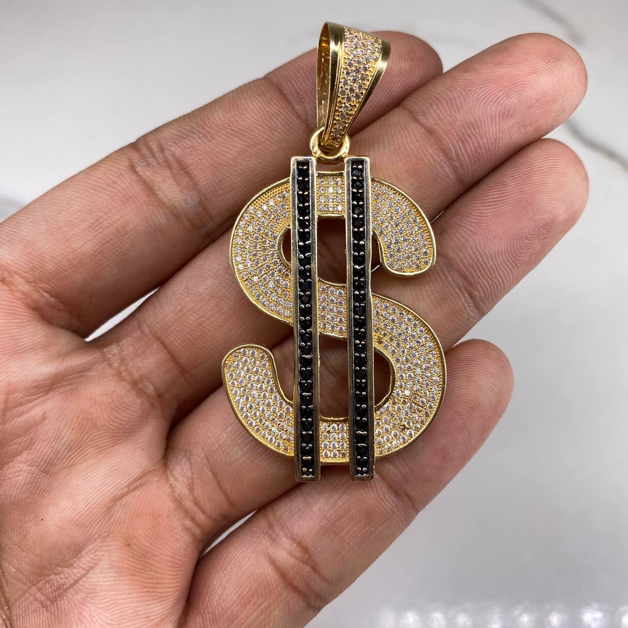 Pendant Dollar Sign 20gr / 6.5cm / White and Black Zircons Yellow Gold (Offer) &