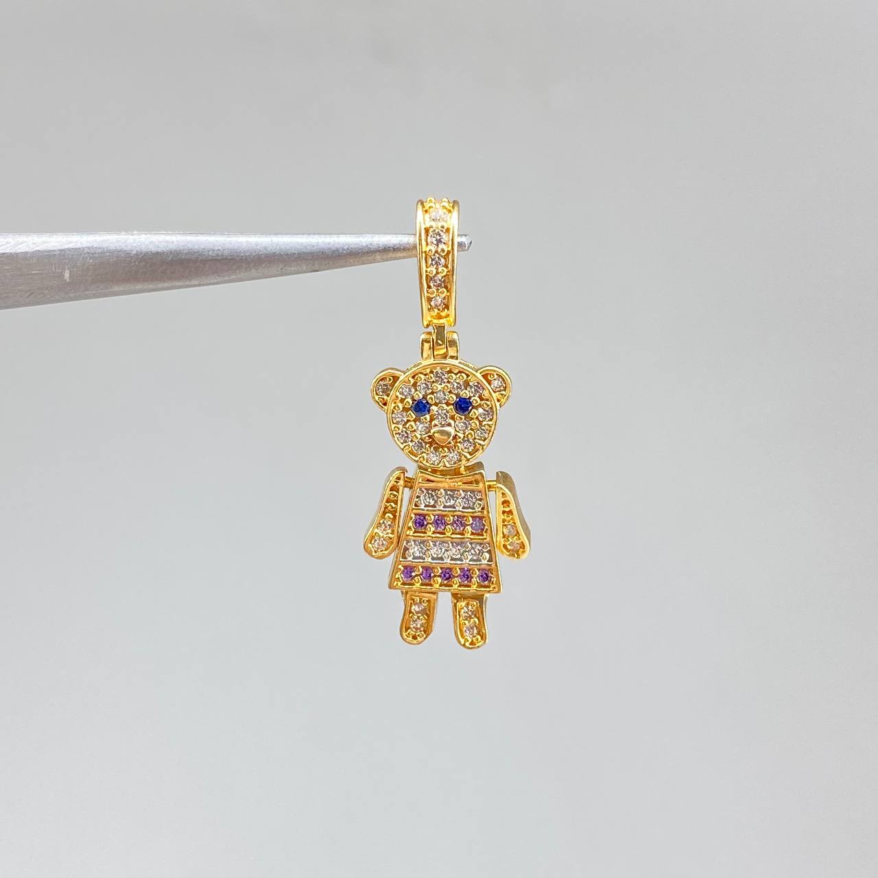 Pendant Bear 2.35gr / 3cm / White Blue Lilac Zircons Yellow Gold &
