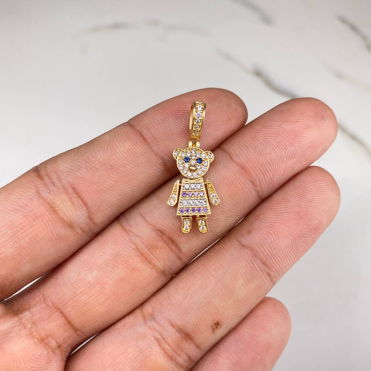 Pendant Bear 2.35gr / 3cm / White Blue Lilac Zircons Yellow Gold &