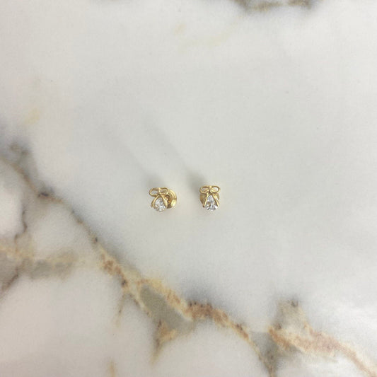 Stud Earrings Bow 0.9gr / White Zircon Yellow Gold &