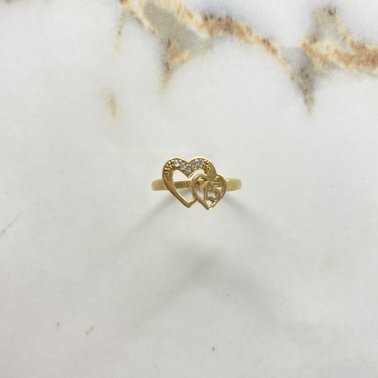 Ring 15s Hearts 2.8gr / Size 7 1/4 / White Zircons Yellow Gold &