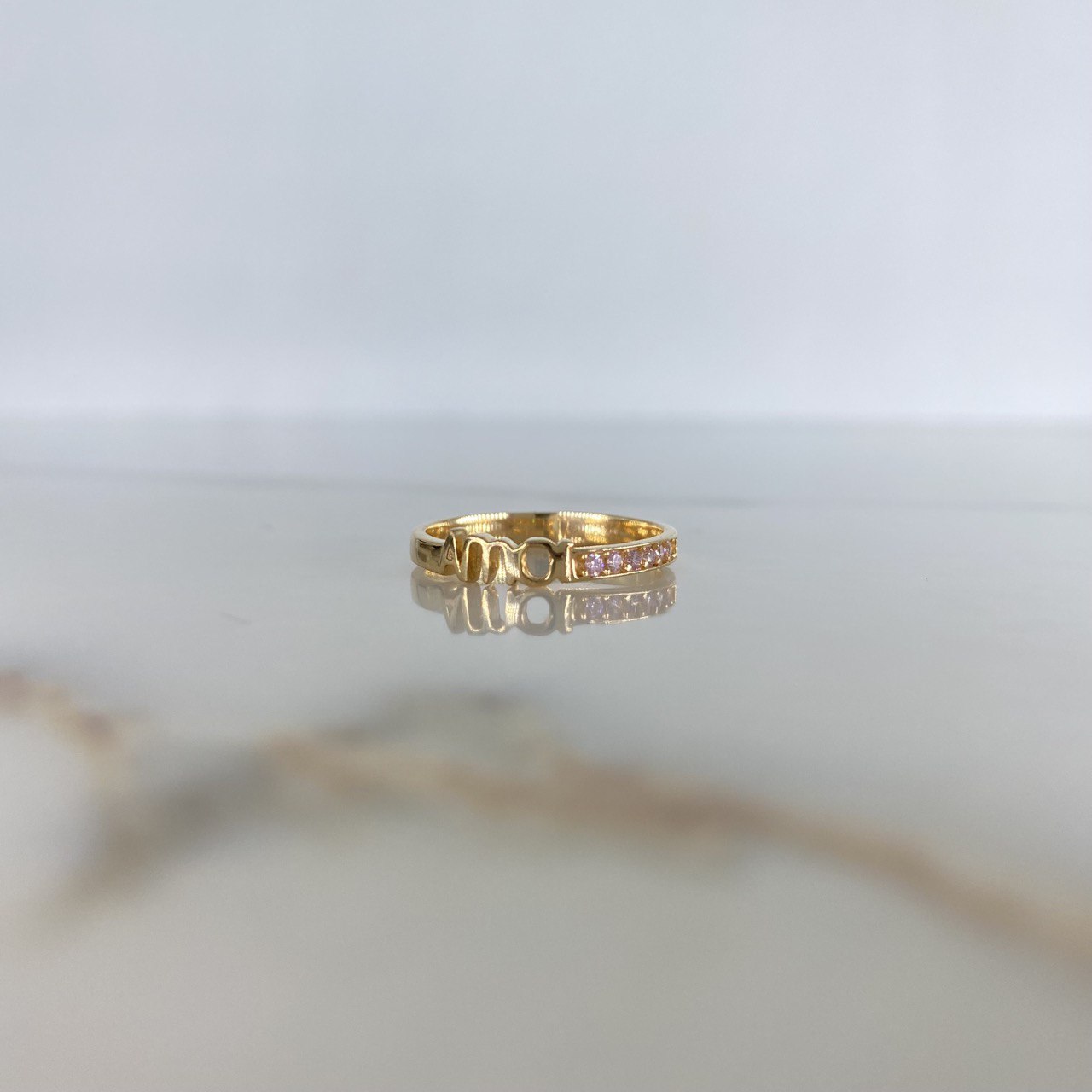 Love Ring 2.35gr / Size 7 1/2 / Pink Zircons Yellow Gold &