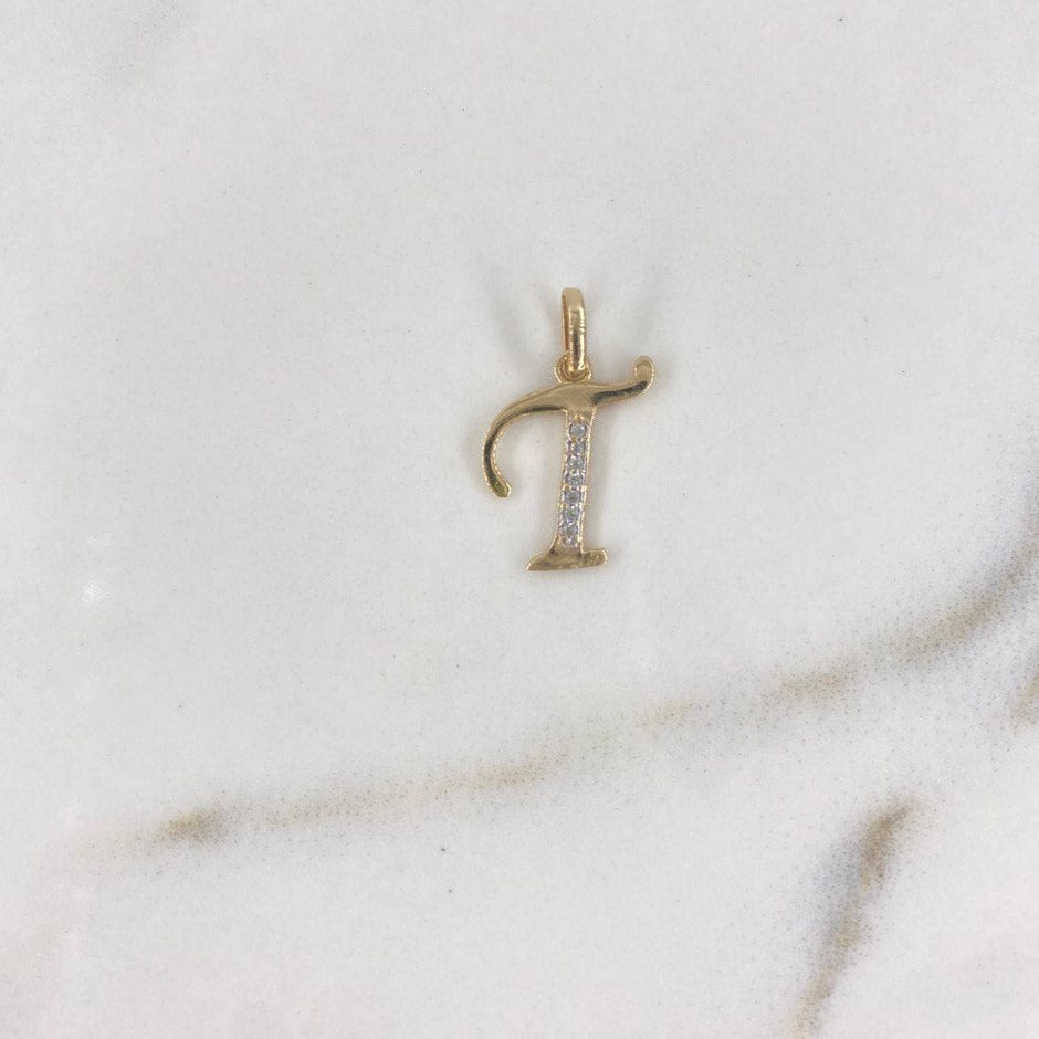 Pendant Letter T 0.75gr / 2cm / White Zircons Yellow Gold $