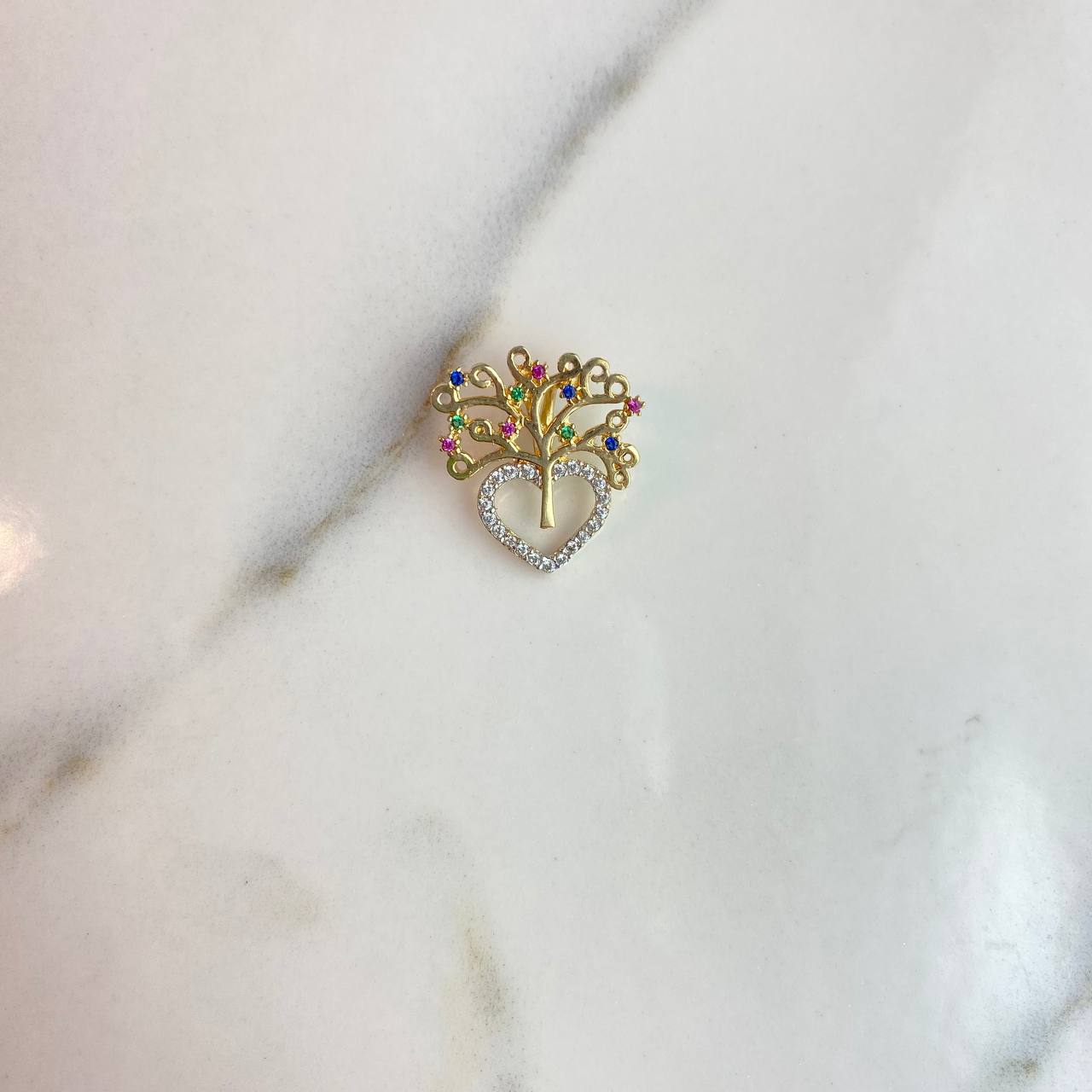 Pendant Heart Tree 2gr / 1.7cm / White Fuchsia Green Blue Zircons Yellow Gold $