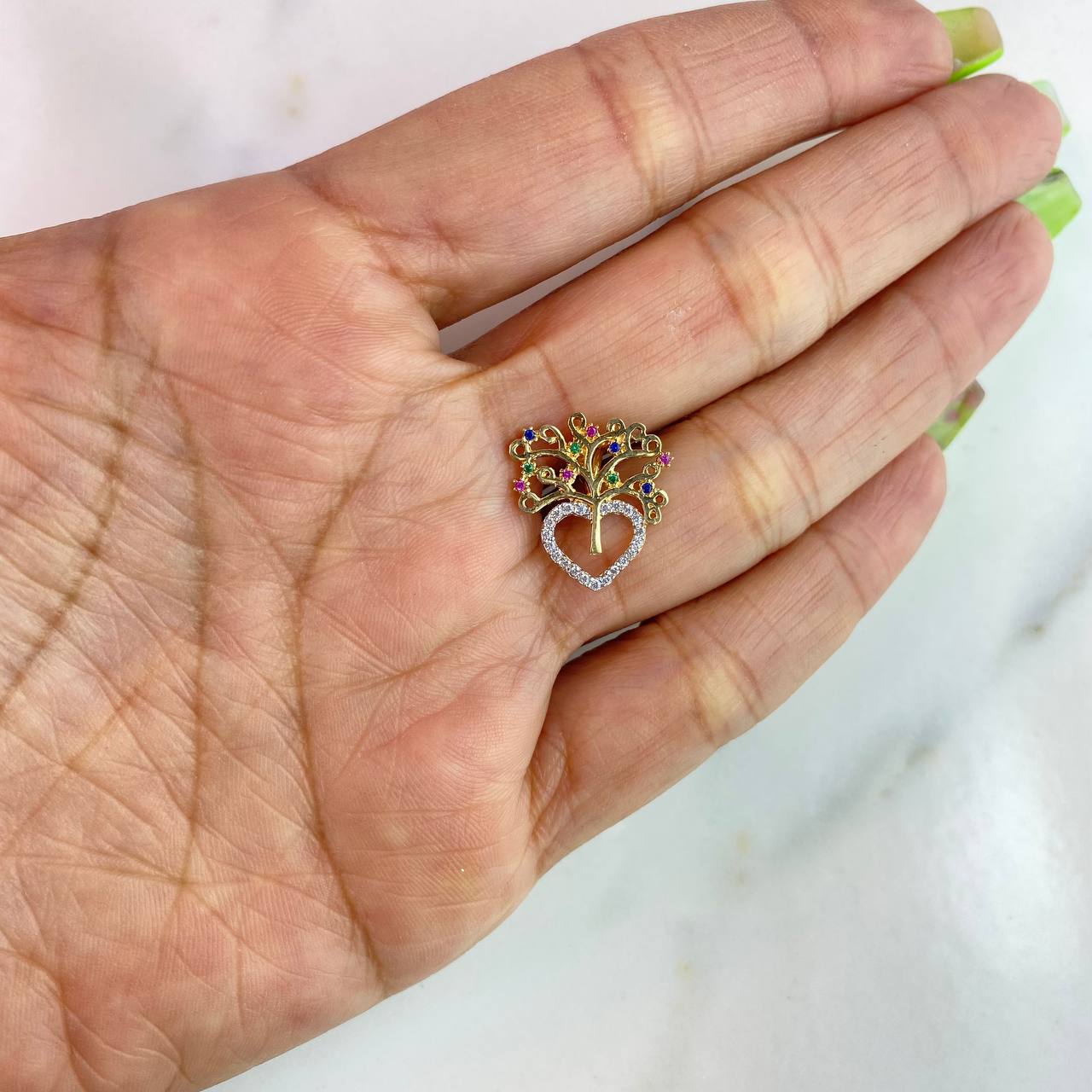 Pendant Heart Tree 2gr / 1.7cm / White Fuchsia Green Blue Zircons Yellow Gold $