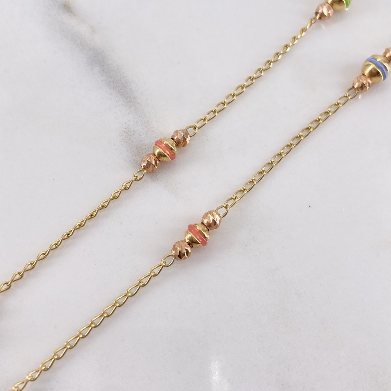 Espiga Chain 5.45gr / 45cm / 2mm-3mm-4mm Beads Diamond Cut Polished Pink-Green-Blue Rubbers Two Yellow and Pink Gold $
