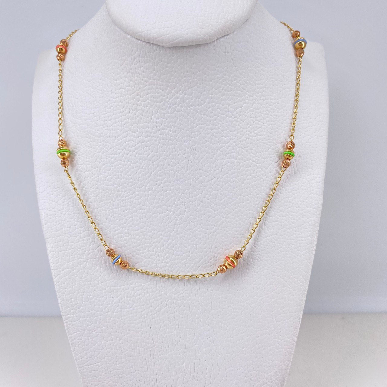 Espiga Chain 5.45gr / 45cm / 2mm-3mm-4mm Beads Diamond Cut Polished Pink-Green-Blue Rubbers Two Yellow and Pink Gold $