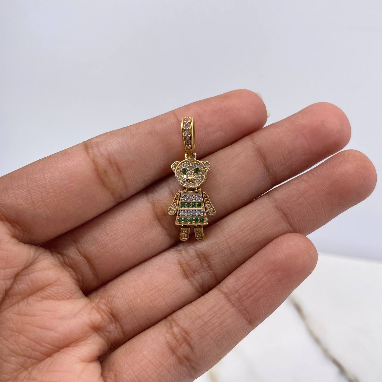 Pendant Bear 2.3gr / 2.5cm / White Green Zircons Yellow Gold $