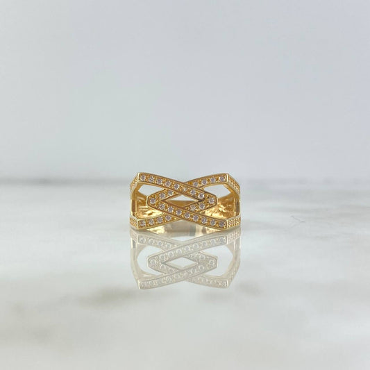 Crossed V Ring 3.75gr / Size 7 1/4 / White Zircons Yellow Gold