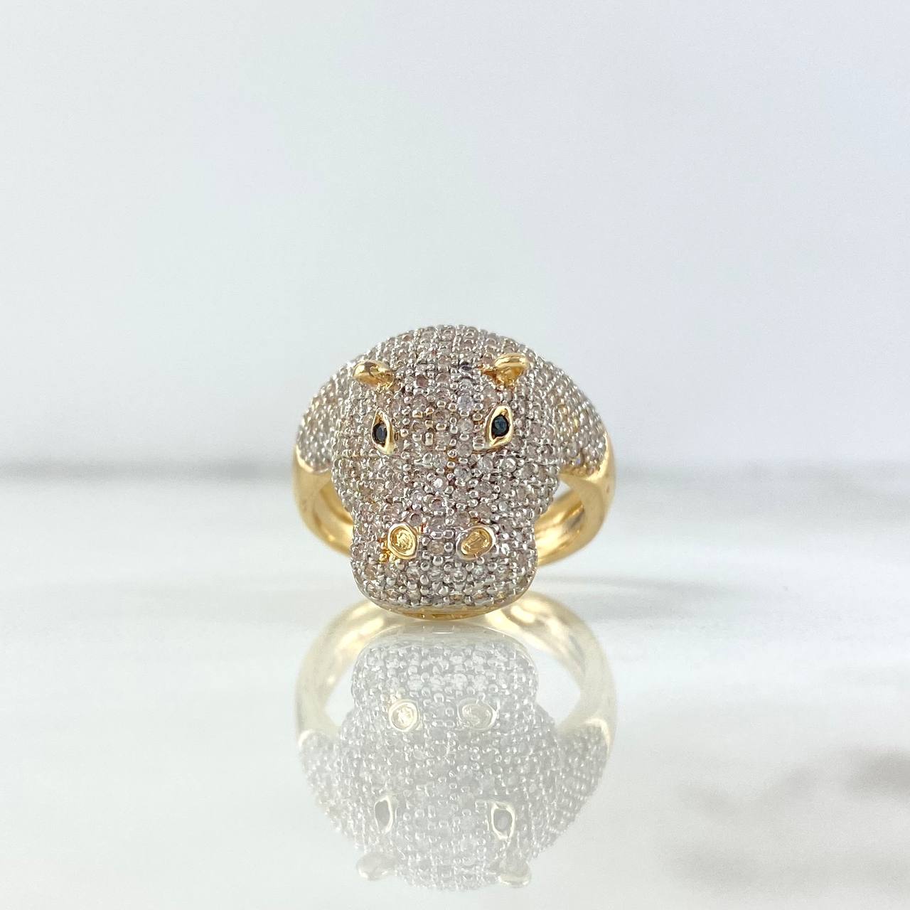 Hippopotamus Ring 8.9gr / Size 8 / White Zircons Black Eyes Yellow Gold