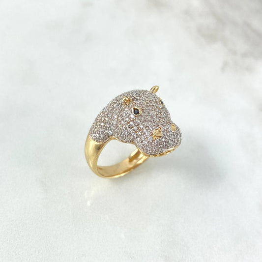 Hippopotamus Ring 8.9gr / Size 8 / White Zircons Black Eyes Yellow Gold
