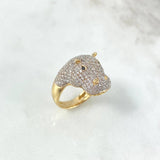 Hippopotamus Ring 8.9gr / Size 8 / White Zircons Black Eyes Yellow Gold