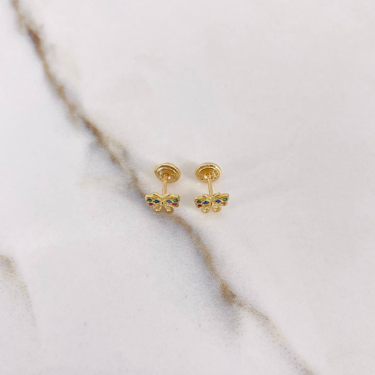 Stud Earrings Mariposa 0.85gr / Blue Fuchsia Green Zircons Yellow Gold &