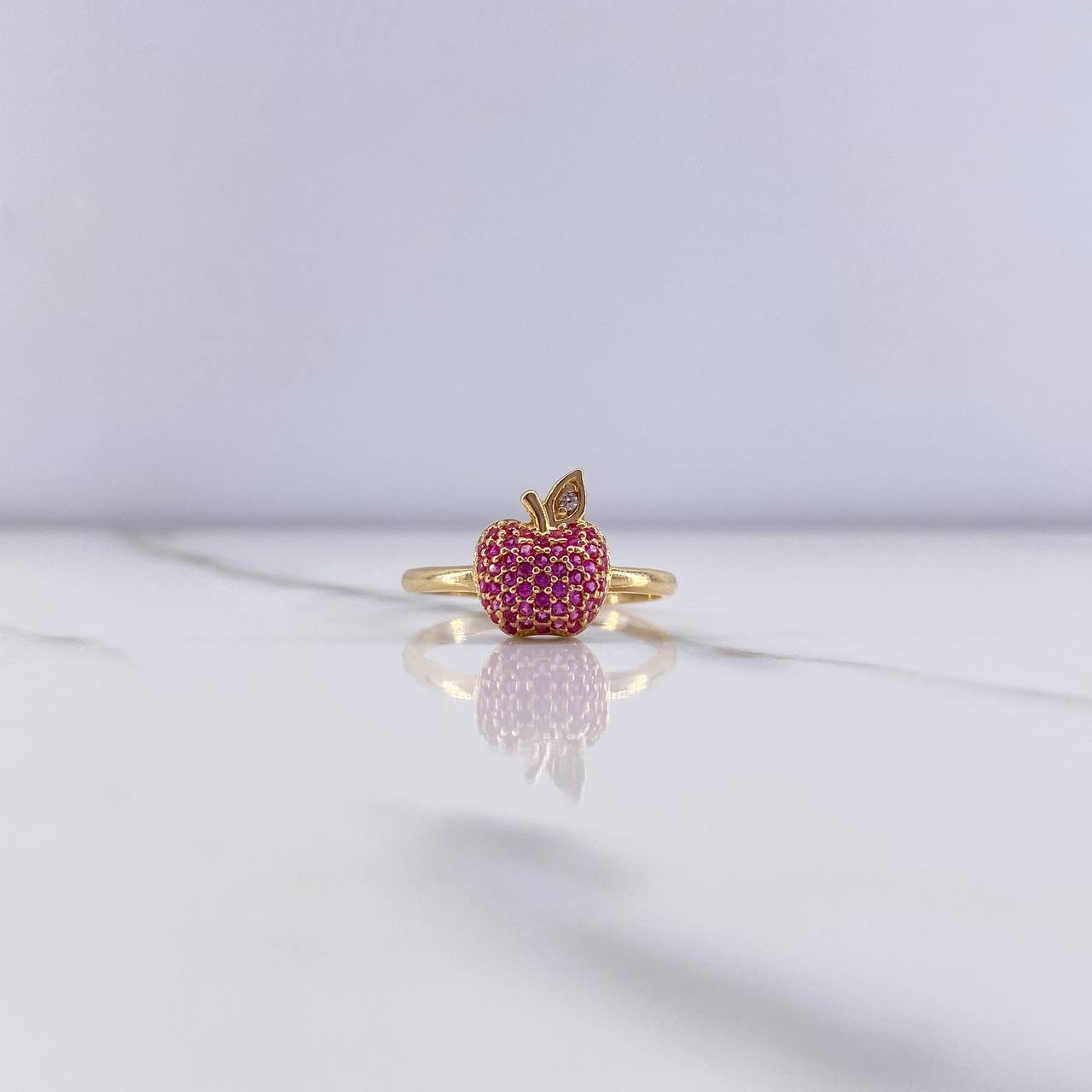 Apple Ring 2.55gr / Size 7 / Fuchsia and White Zircons Yellow Gold &