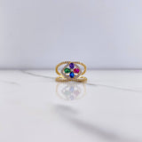 Rhombo Flower Ring 3.15gr / Size 6 1/4 / White Blue Green Purple Fuchsia Zircons Two Yellow White Golds &