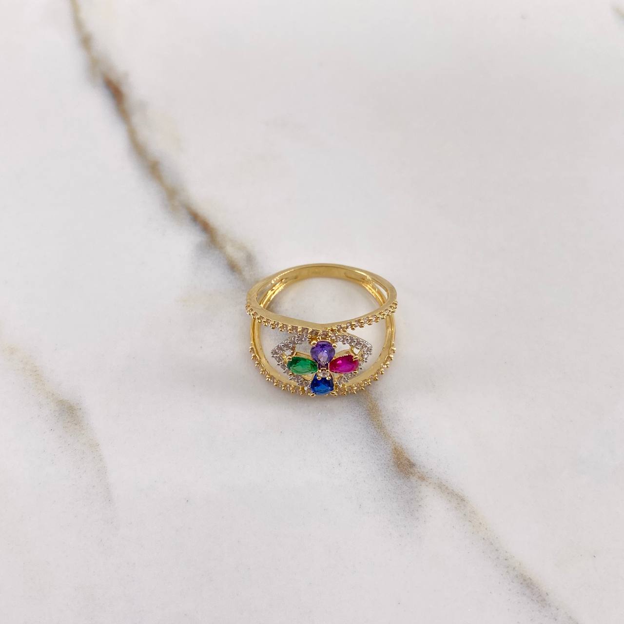 Rhombo Flower Ring 3.15gr / Size 6 1/4 / White Blue Green Purple Fuchsia Zircons Two Yellow White Golds &