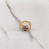 Rhombo Flower Ring 3.15gr / Size 6 1/4 / White Blue Green Purple Fuchsia Zircons Two Yellow White Golds &