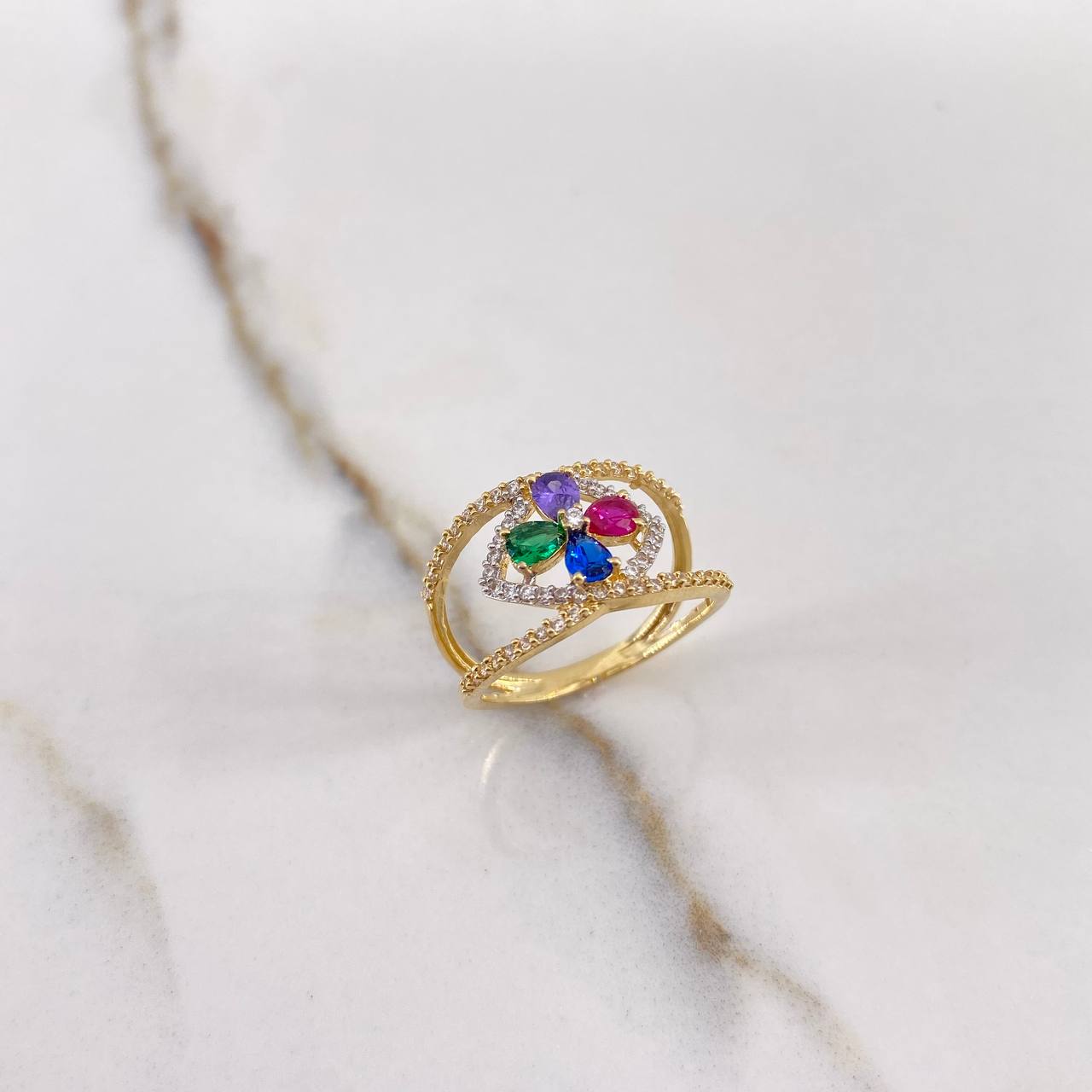 Rhombo Flower Ring 3.15gr / Size 6 1/4 / White Blue Green Purple Fuchsia Zircons Two Yellow White Golds &