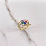 Rhombo Flower Ring 3.15gr / Size 6 1/4 / White Blue Green Purple Fuchsia Zircons Two Yellow White Golds &