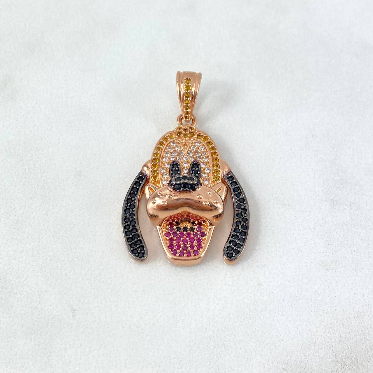 Pendant Dog 7.5gr / 3.7cm / White Yellow Black Fuchsia Zircons Rose Gold ©