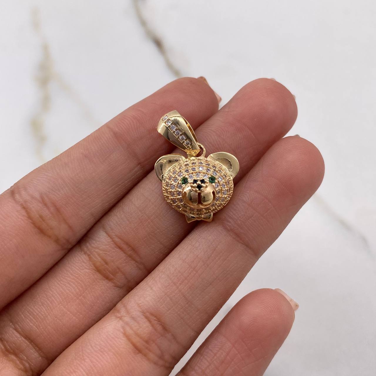 Pendant Bear Face 3.05gr / 2cm / White Green Black Zircons Yellow Gold $