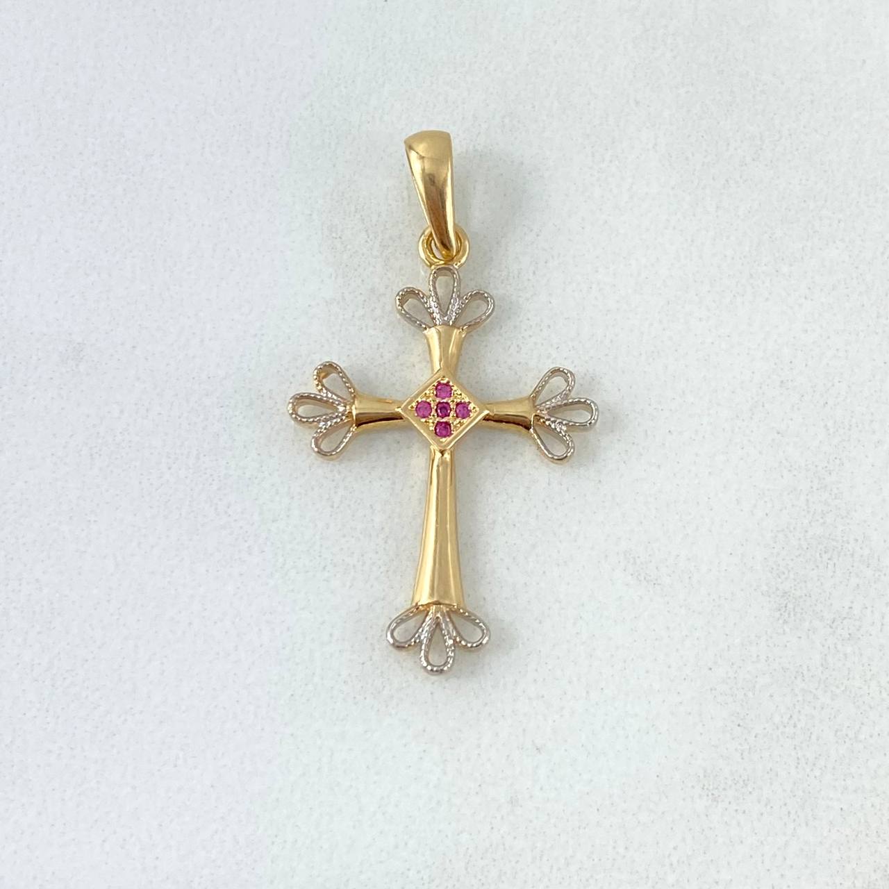 Pendant Cross Points Filigree 1.95gr / 1.4cm / Fuchsia Zircons Two-tone Yellow White ©