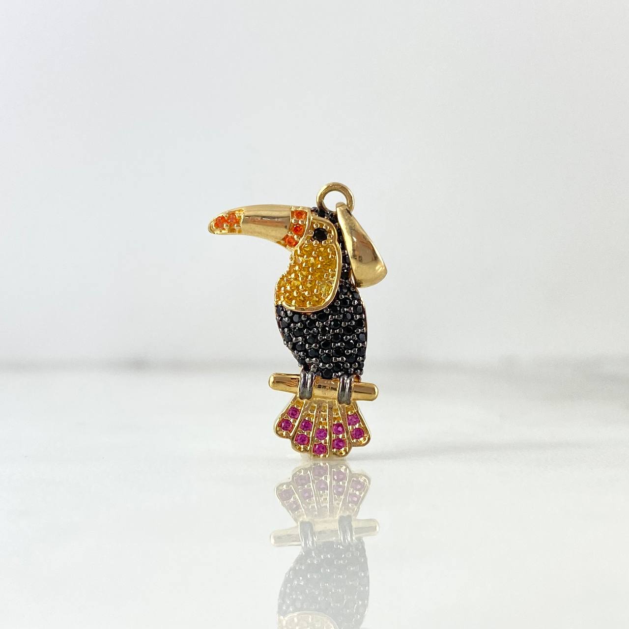 Pendant Tucan 2.4gr / 3cm / Orange Yellow Black Fuchsia Zircons Yellow Gold ©