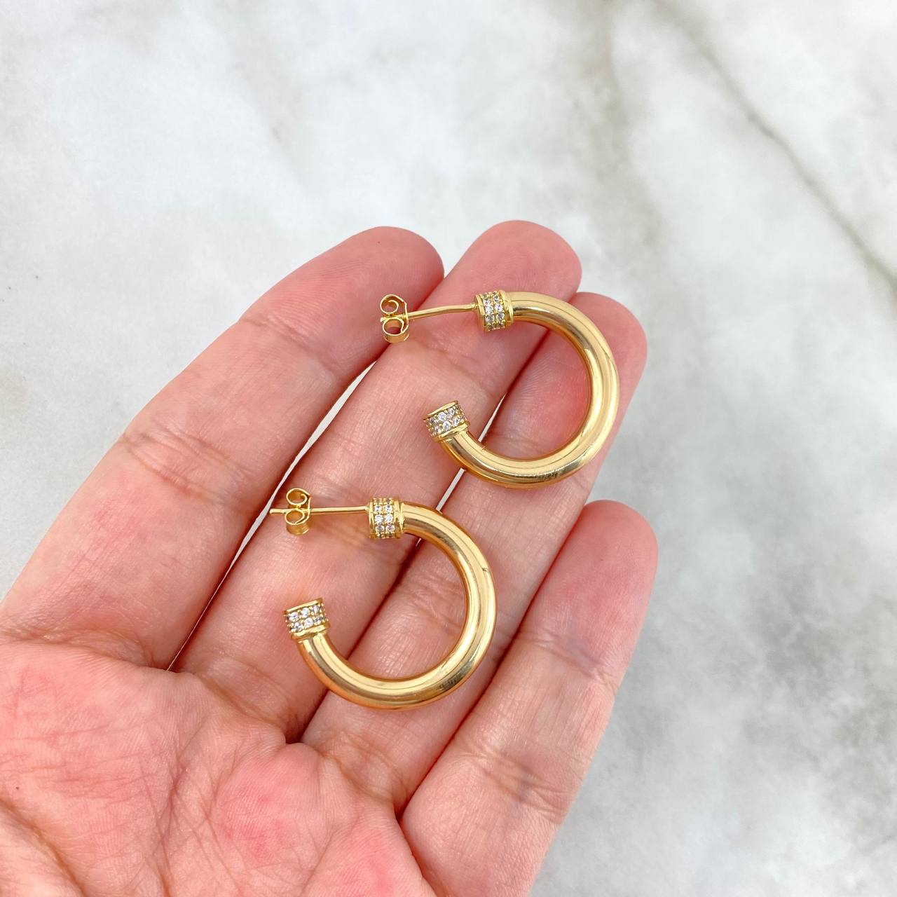 Hoop Earrings Screw 3.7gr / 2.3cm / White Zircons Lobster Claw Yellow Gold Butterfly +4 ©