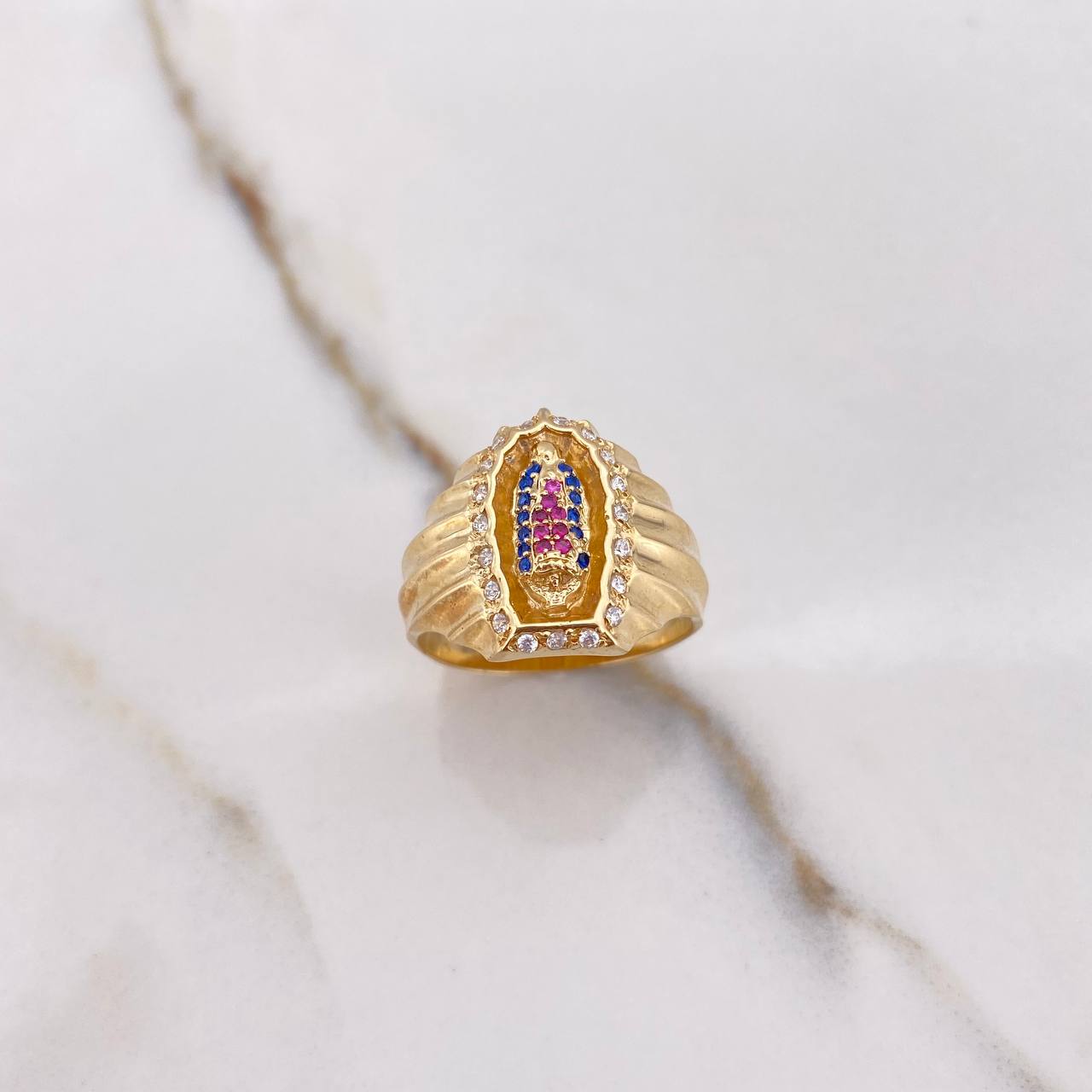 Virgin Guadalupe Ring 6.15gr / Size 9 3/4 / White Blue Fuchsia Zircons Yellow Gold &