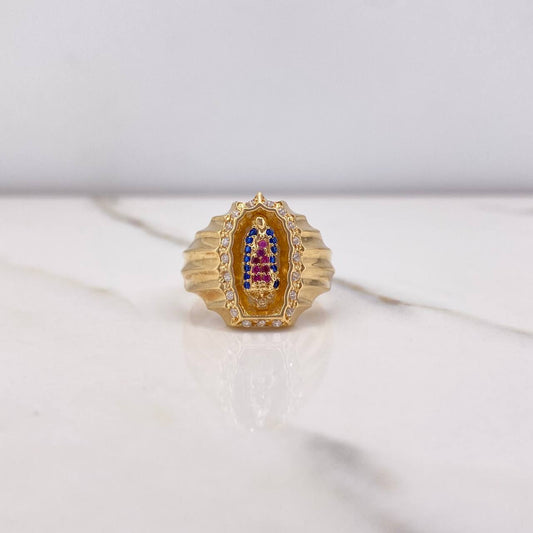 Virgin Guadalupe Ring 6.15gr / Size 9 3/4 / White Blue Fuchsia Zircons Yellow Gold &