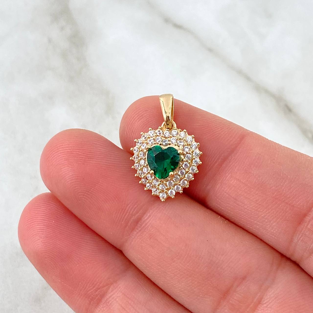 Pendant Heart Puffy 2.5gr / 2cm / White Green Zircons Yellow Gold ©