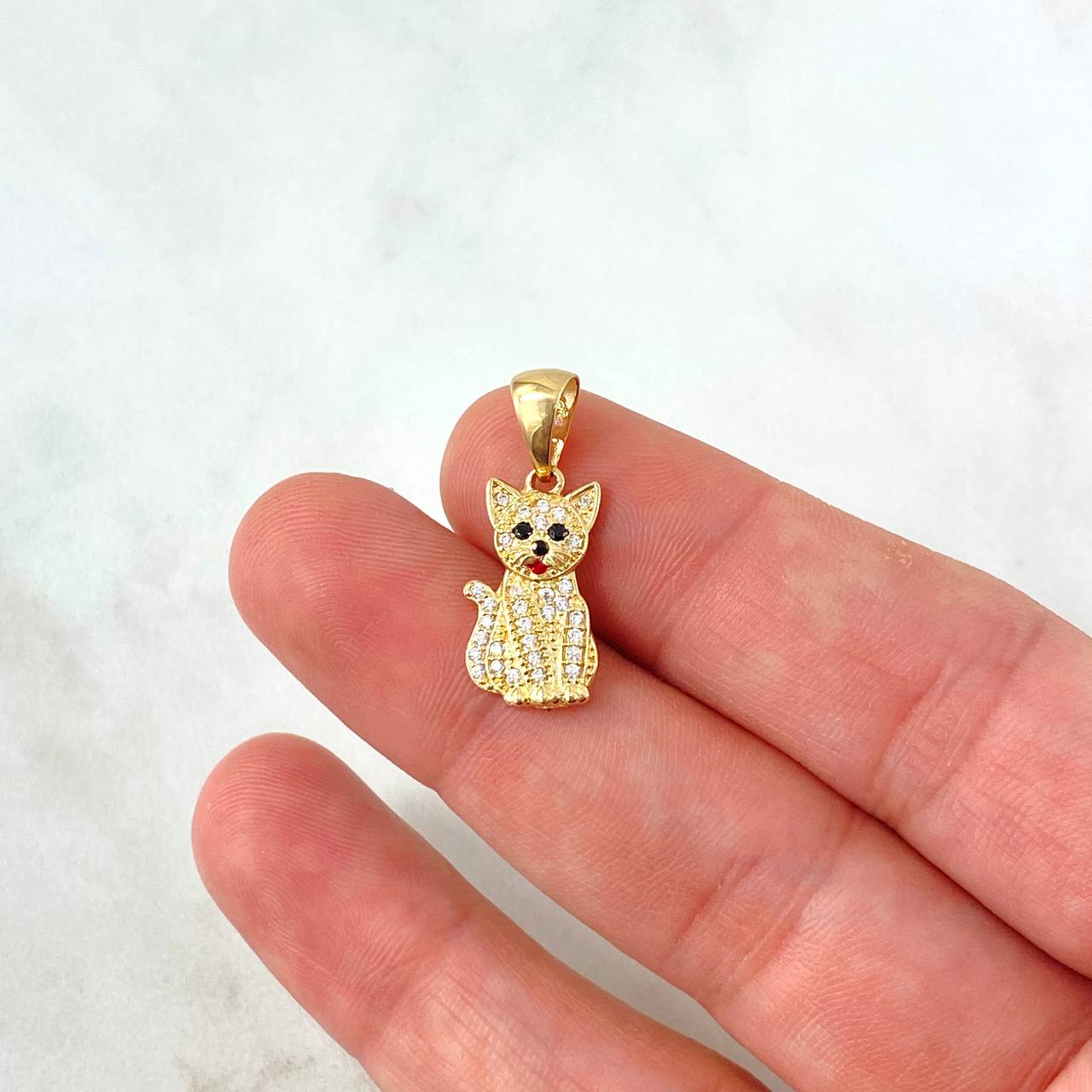 Pendant Cat 2.05gr / 2.3cm / White Zircons Black Eyes Yellow Gold