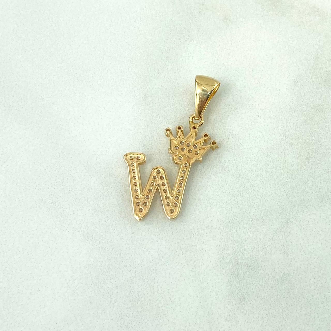 Pendant Letter W Crown 1.9gr / 2.6cm / White Zircons Yellow Gold