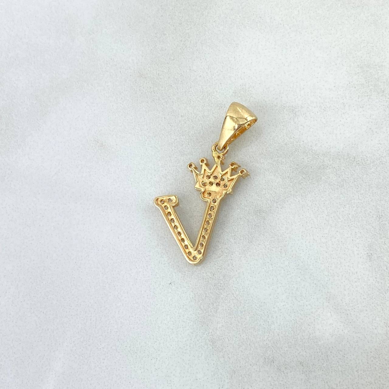 Pendant Letter V Crown 1.55gr / 2.6cm / White Zircons Yellow Gold ©