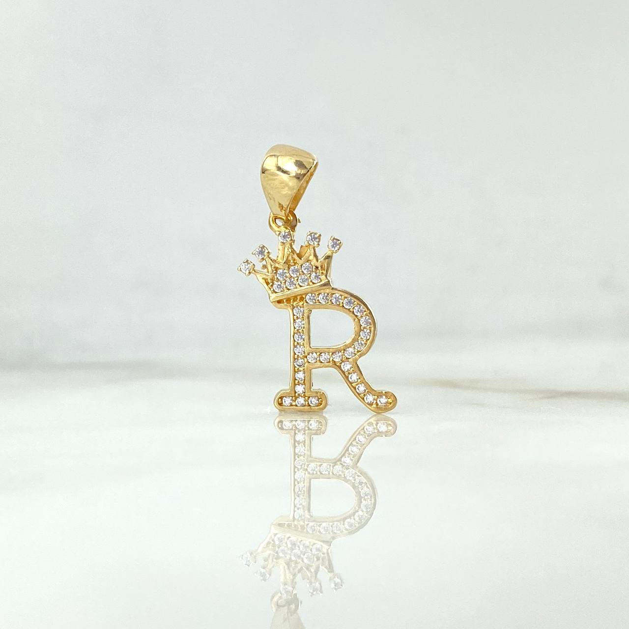Pendant Letter R Crown 1.8gr / 2.6cm / White Zircons Yellow Gold