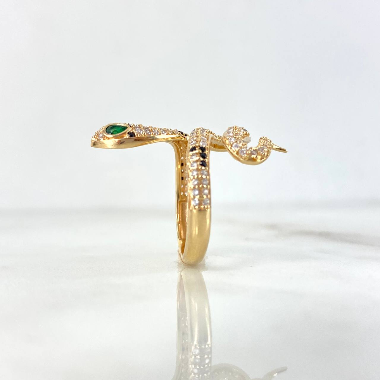 Snake Ring 4.35gr / T5 1/2 / White Zircons - Black - Green Eyes Yellow Gold ©