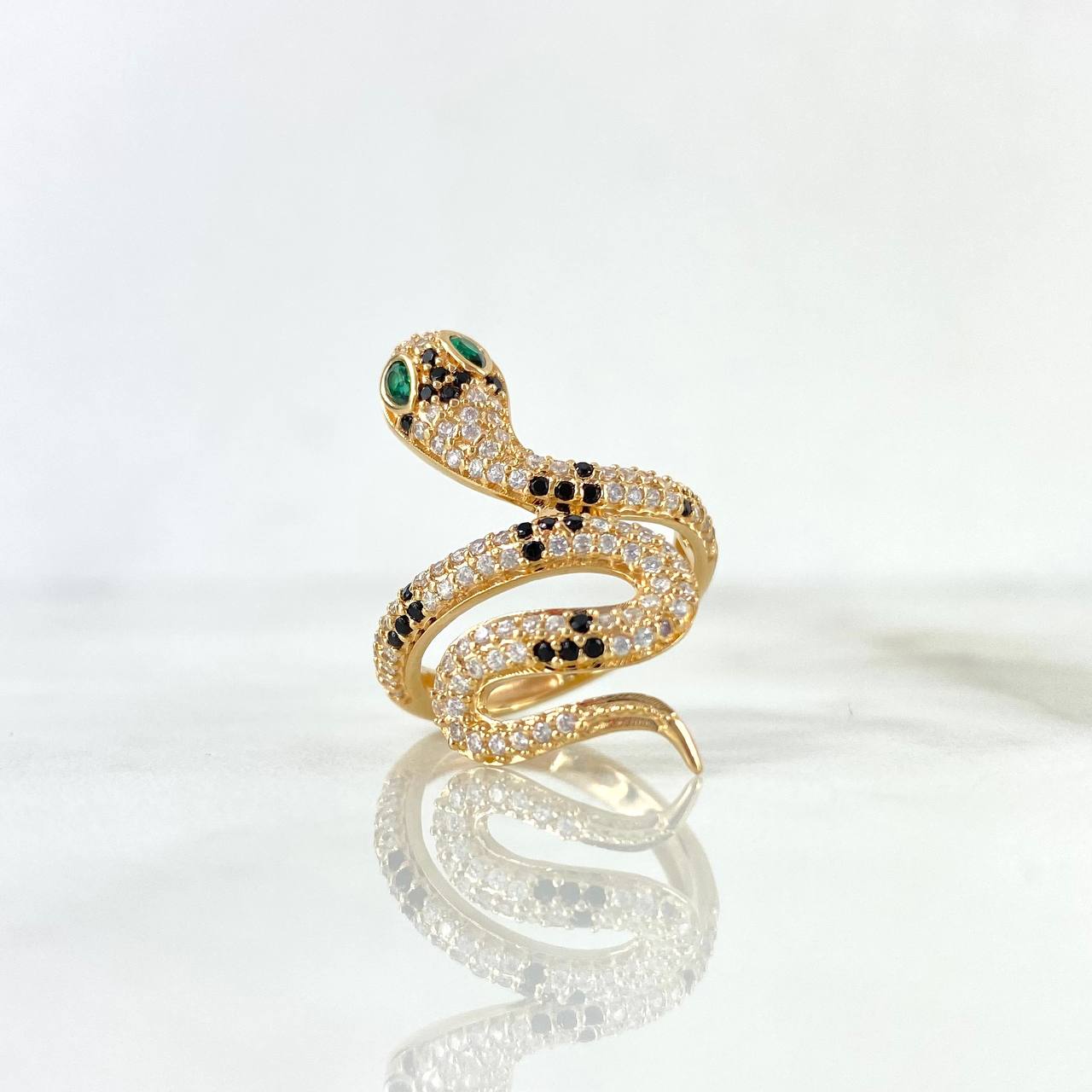 Snake Ring 4.35gr / T5 1/2 / White Zircons - Black - Green Eyes Yellow Gold ©