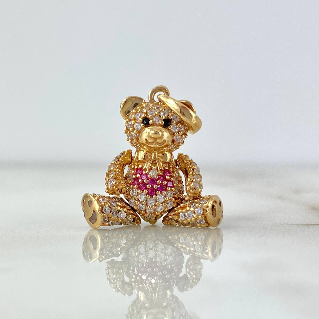 Dije Oso Articulado Corbatin Corazon 4.3gr / 3cm / Circones Blancos-Fucsias-Ojos Negros Oro Amarillo 18K ©