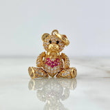 Dije Oso Articulado Corbatin Corazon 4.3gr / 3cm / Circones Blancos-Fucsias-Ojos Negros Oro Amarillo 18K ©