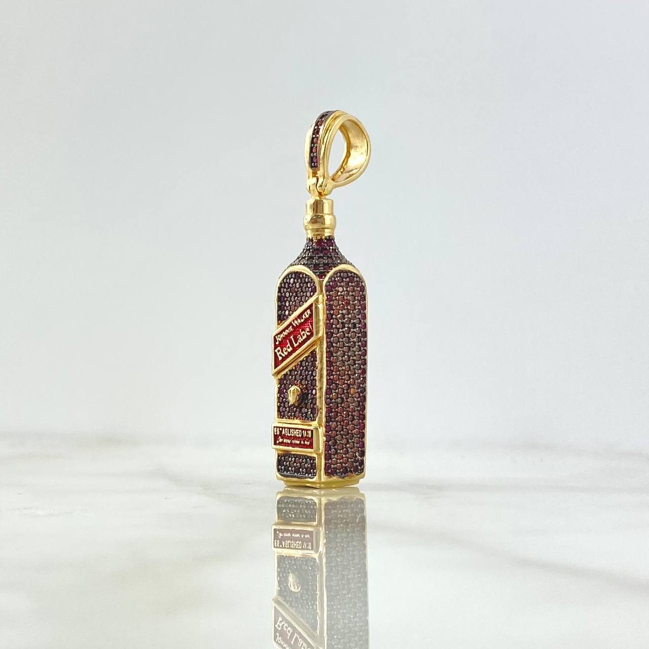 Pendant Bottle Red Label 12.95gr / 5cm / Fuchsia Zircons - Orange-Yellow Yellow Gold