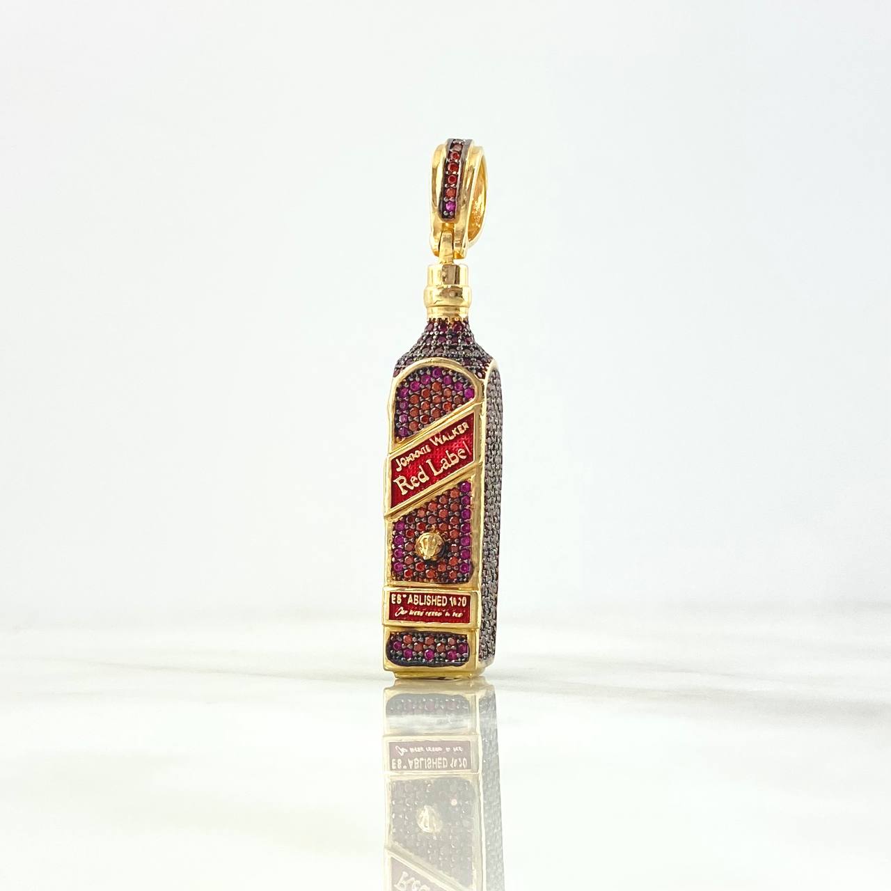 Pendant Bottle Red Label 12.95gr / 5cm / Fuchsia Zircons - Orange-Yellow Yellow Gold