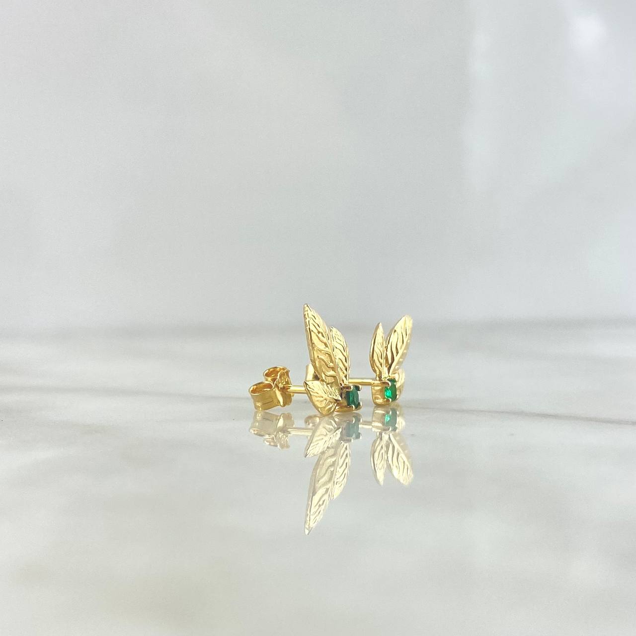 Stud Earrings Triple Leaf 2.3gr / 1.4cm / Emeralds 18pts - Lobster Claw Yellow Gold Butterfly (Jewel) *