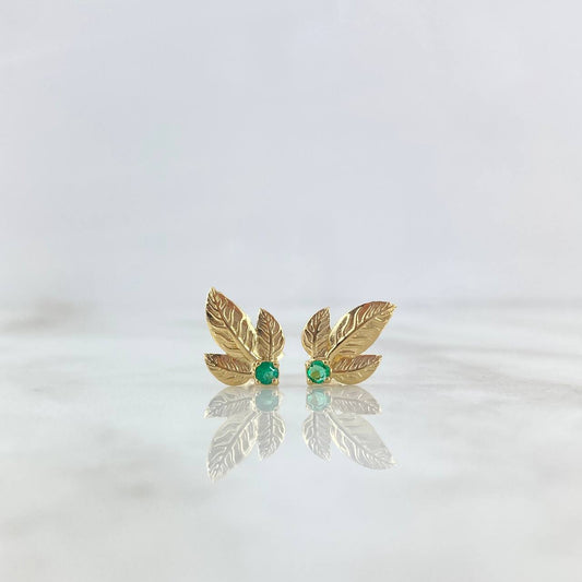 Stud Earrings Triple Leaf 2.3gr / 1.4cm / Emeralds 18pts - Lobster Claw Yellow Gold Butterfly (Jewel) *